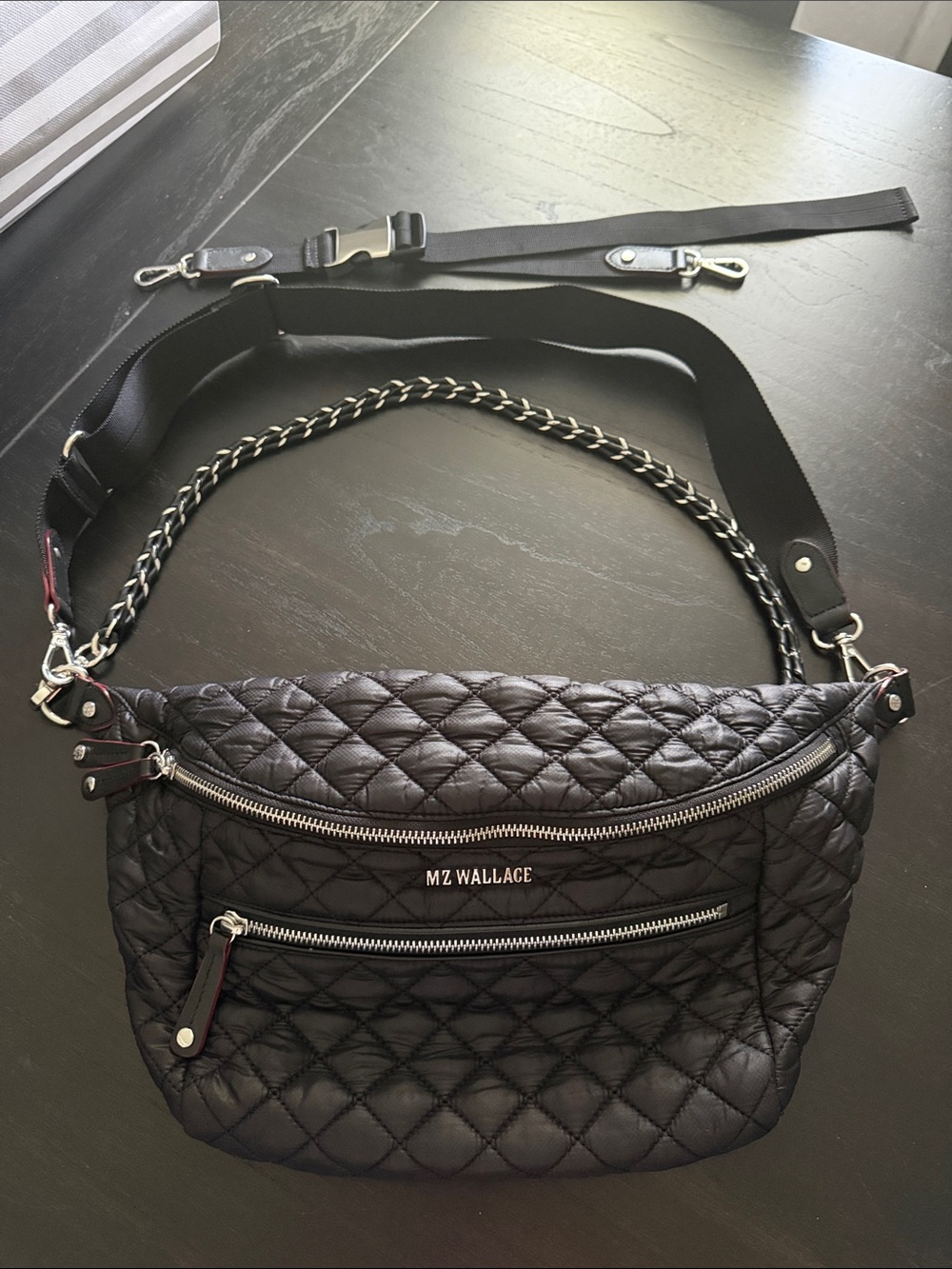 MZ Wallace Black Quilted Crossbody Belt Bag with Chain Accent